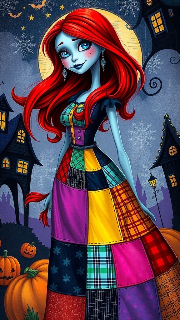 Artistic design of Sally with a patchwork dress and red hair in a Halloween Town backdrop.